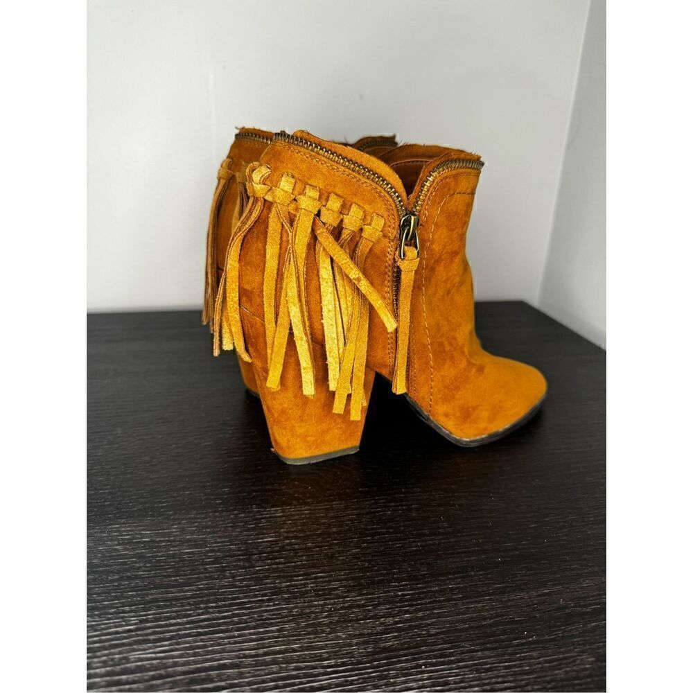 Dolce Vita Promise Fringe Ankle Heel Booties Shoes Sz 9 Cognac Brown Suede - Picture 4 of 7